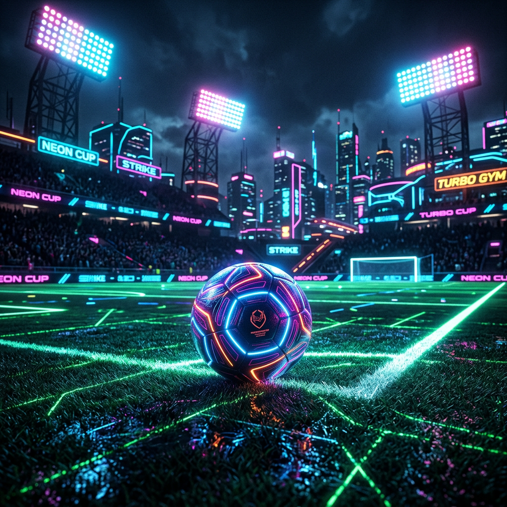 Neon-lit soccer ball on a soccer field with illuminated stadium and cityscape background